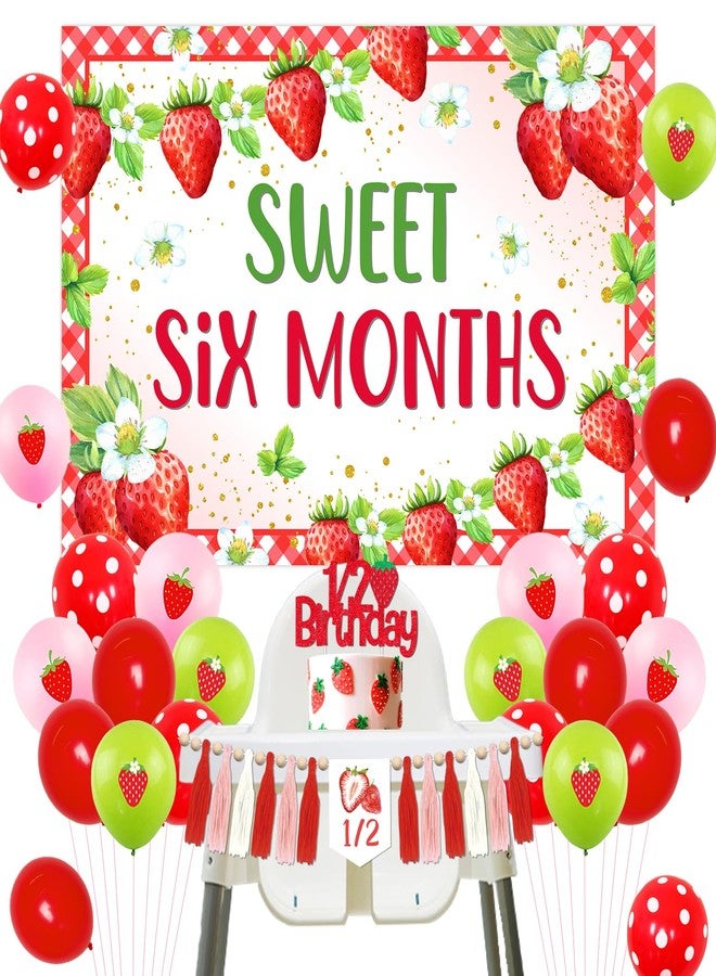 Merrystorm Strawberry Half Birthday Decorations Sweet Six Months Backdrop It’s My 1/2 Birthday High Chair Banner Strawberry 6 Months Balloons 1/2 Birthday Cake Topper for Girls 1/2 Birthday Party Supplies - Image 1